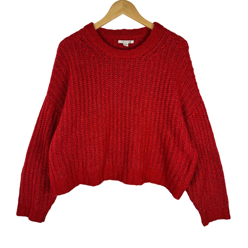American Eagle Red Chunky Ribbed Knit Cropped‎ Sweater Womens XL Vibrant